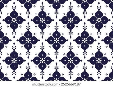 dark blue symbol floral on White background, ethnic fabric seamless pattern, design for cloth, carpet, batik, wallpaper, wrapping etc.