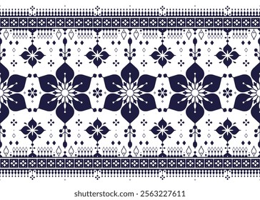 dark blue symbol floral on White background, ethnic fabric seamless pattern, design for cloth, carpet, batik, wallpaper, wrapping etc.