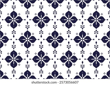 dark blue symbol floral on White background, ethnic fabric seamless pattern, design for cloth, carpet, batik, wallpaper, wrapping etc.