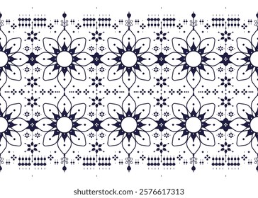 dark blue symbol floral on White background, ethnic fabric seamless pattern, design for cloth, carpet, batik, wallpaper, wrapping etc.