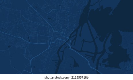 Dark blue Szczecin city area vector background map, roads and water illustration. Widescreen proportion, digital flat design roadmap.