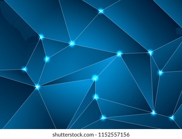 Dark blue tech abstract polygonal connection background. Glowing vector design