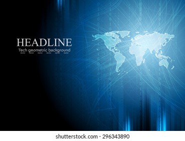 Dark blue tech background with binary system code and world map. Vector design