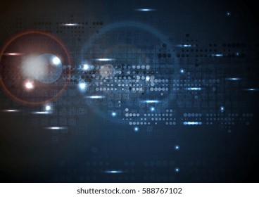 Dunkelblauer Technologiehintergrund mit geometrischen Formen und Linsenfackel. Abstraktes Vektorgrafik-fi-Design