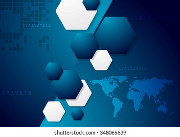 Dark blue tech background with world map. Vector design