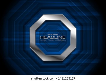 Dark Blue Technology Abstract Background With Metallic Octagon. Vector Design