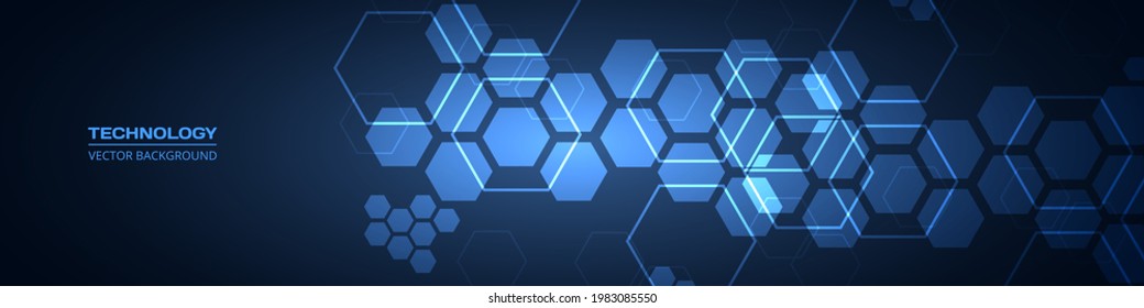 Tecnología azul oscuro abstracta fondo ancho con elementos hexagonales. Resumen del cartel horizontal azul marino médico hexagonal. Medicina de la innovación, ciencia, tecnología o diseño de inteligencia superior.