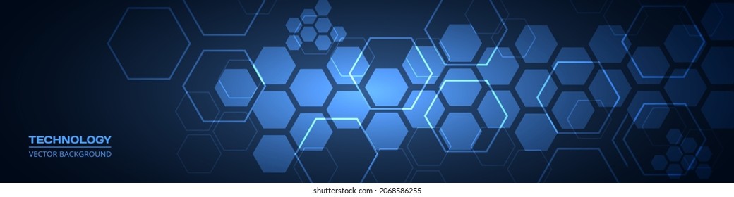 Tecnología azul oscuro abstracta fondo ancho con elementos hexagonales. Resumen del cartel horizontal azul marino médico hexagonal. Medicina de la innovación, ciencia, tecnología o diseño de inteligencia superior.