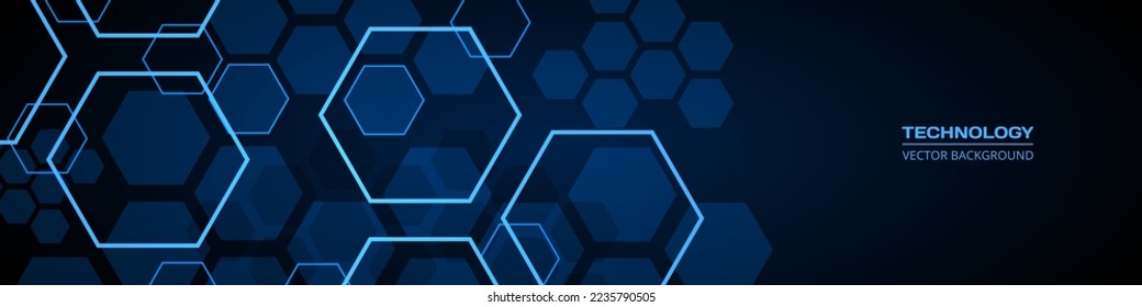 Dark blue technology abstract wide background with hexagonal elements. Abstract hexagon medical navy blue horizontal banner. Innovation medicine, science, technology or higher intelligence design.