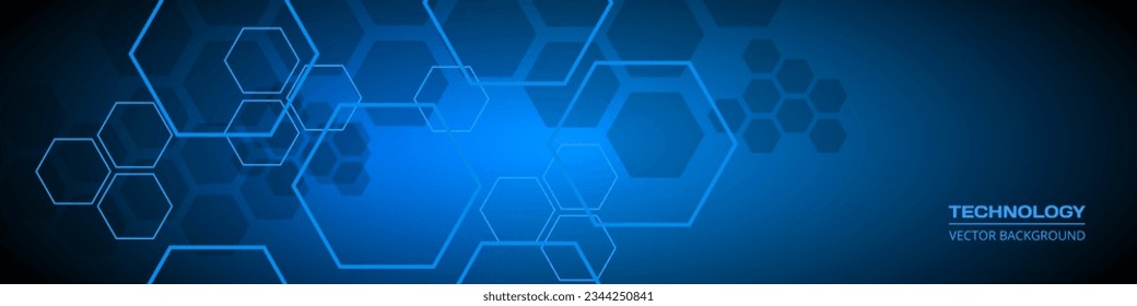 Dark blue technology abstract wide background with hexagonal elements. Abstract hexagon medical navy blue horizontal banner. Innovation medicine, science, technology or higher intelligence design.