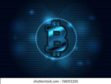 Dark blue technology background with bitcoin money emblem and circuit board lines. Internet virtual crypto currency symbol