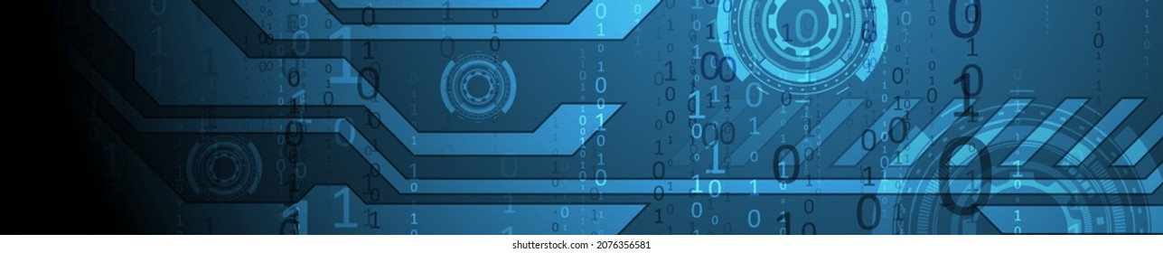 Dark blue technology background with HUD gear elements and binary code. Abstract vector banner design