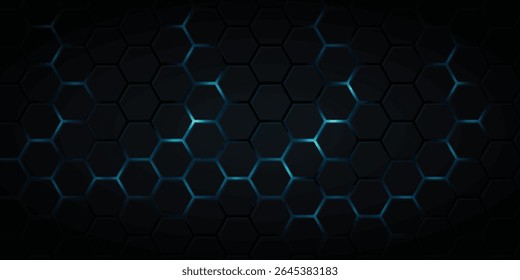 Dark blue technology hexagonal vector background. Abstract blue bright energy flashes under hexagon in navy blue technology, modern, futuristic vector illustration.