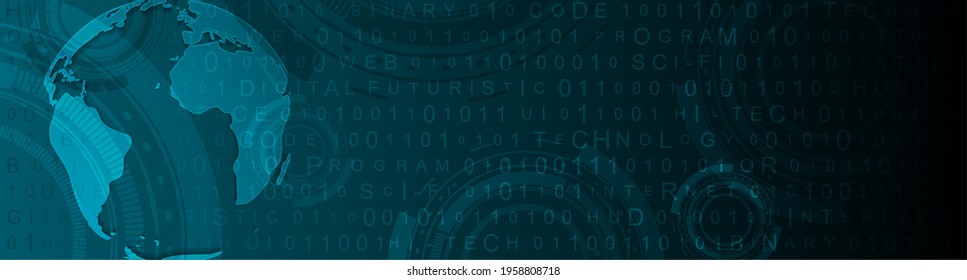 Dark blue technology science banner with globe and HUD gears. Abstract vector background