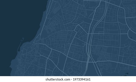 Dark blue Tel Aviv Yafo city area vector background map, streets and water cartography illustration. Widescreen proportion, digital flat design streetmap.