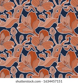 Dark blue and terracotta floral seamless pattern with high detalised alstroemeria buds and flowers for botanical natural print