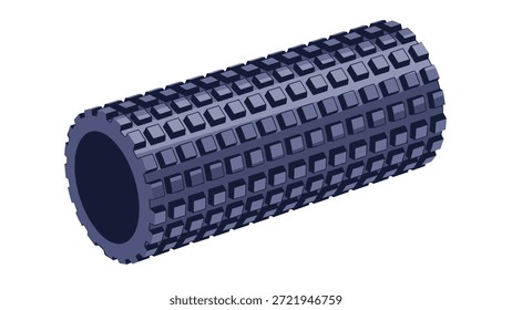 Rolo de espuma texturizado azul escuro usado para fisioterapia e recuperação muscular é mostrado em uma ilustração de perspectiva tridimensional.