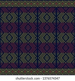 Dark blue thai silk of traditional northern with red and yellow geometric pattern