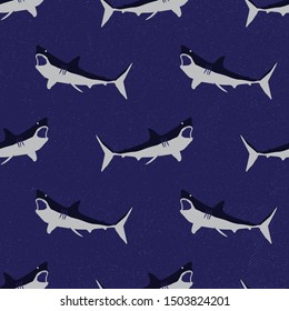 dark blue tiger shark seamless pattern with grunge background
