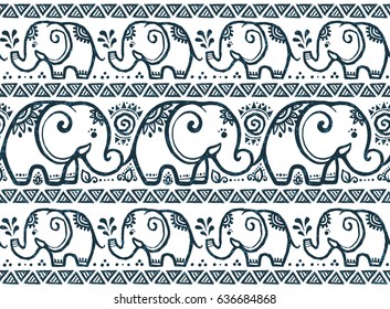 Dark blue tiny elephants lines vector seamless pattern in tribal style 