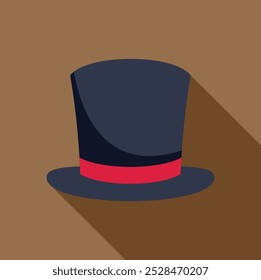 Dark blue top hat with red ribbon casting a long shadow on brown background