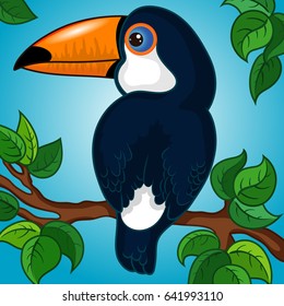 Dark Blue Toucan Character on a Branch with Leaves, Gradient Background, Hand Drawn Cartoon, Vector Illustration EPS 10