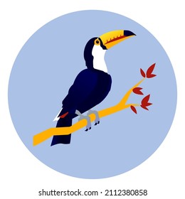 a dark blue toucan with an orange beak sits on a branch on a blue background, vector graphics, a large tropical bird