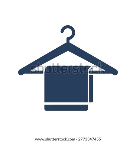 Dark blue towel hanging on wooden clothes hanger laundry bathroom accessory clean linen simple vector icon