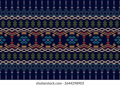 Dark blue traditional woven fabric pattern displaying intricate geometric motifs and diverse decorative bands, suitable for art and textiles.