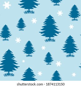 Dark Blue trees in light blue background seamless pattern