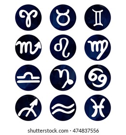 Dark blue triangle vector zodiac signs. Polygon horoscope icons