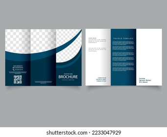 Dark Blue trifold brochure. Vector template. Advertising leaflet. Presentation graph.