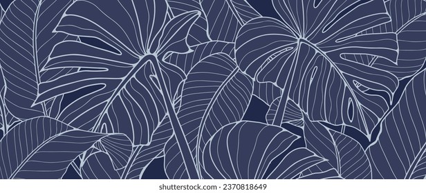 Dark blue tropical background with monstera leaves. Botanical vector background
 for publishing on social networks, creating postcards and covers.