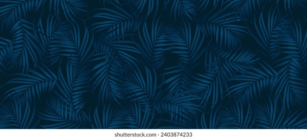 Fondo tropical azul oscuro con ramas de palmera. Tarjeta tropical, cubierta, afiche, pancarta