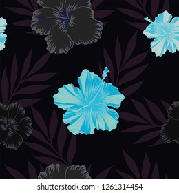 Dark and blue tropical flowers hibiscus seamless pattern. Vector illustration
