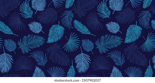 Dark blue tropical leaf pattern foliage background with hand drawn leaves, seamless repeat