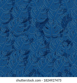 Dark blue tropical leaves seamless pattern. Exotic leaves vector background.