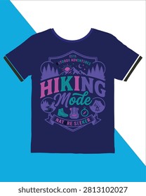 Dark blue tshirt showcasing vibrant hiking mode graphic with nature icons and text