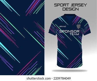 Dark blue t-shirt sport design template with abstract line  pattern for soccer jersey. Sport uniform in front view. Tshirt fabric design and mock up for sport club. Vector Illustration