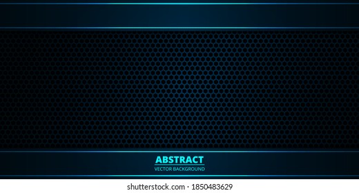 Dark blue and turquoise background. Dark hexagon carbon fiber texture. Navy blue honeycomb metal texture steel turquoise background. Web design template vector illustration EPS 10.