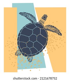 Dark blue turtle silhouette, yellow and aquamarine abstract geometric shapes symbolizing the ocean and sand. Vector illustration isolated on white background.