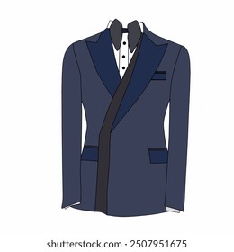 Vector de vestir formal de esmoquin azul oscuro con corbata negra sobre fondo blanco. Tema de ropa formal para hombres.