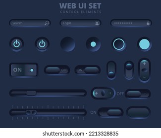 Dark blue UI elements. Buttons, switches, bars, power button, slider vector 
