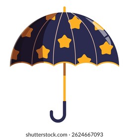 Dark blue umbrella with golden stars pattern protecting from the rain