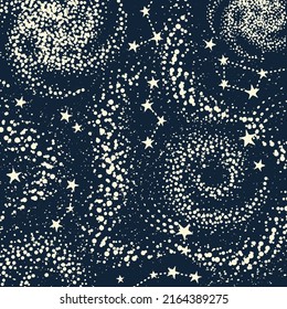 Dark blue universe background with different galaxies and astronomy objects. Star sky abstract simple wallpaper