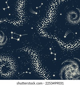 Dark blue universe background with different galaxies and astronomy objects. Star sky abstract simple wallpaper