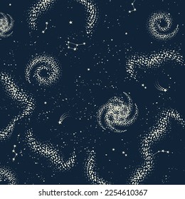 Dark blue universe background with different galaxies and astronomy objects. Star sky abstract simple wallpaper