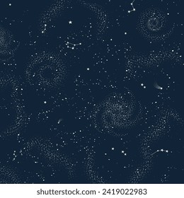 Dark blue universe background with different galaxies and astronomy objects. Star sky abstract simple wallpaper