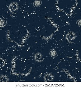 Dark blue universe background with different galaxies and astronomy objects. Star sky abstract simple wallpaper