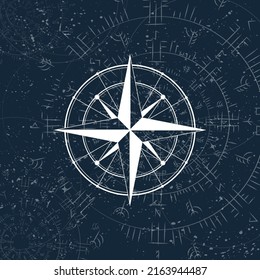 Dark blue universe sky background with abstract runic circle symbols and stars. Wind rose and compass white silhouette for travel posters and designs